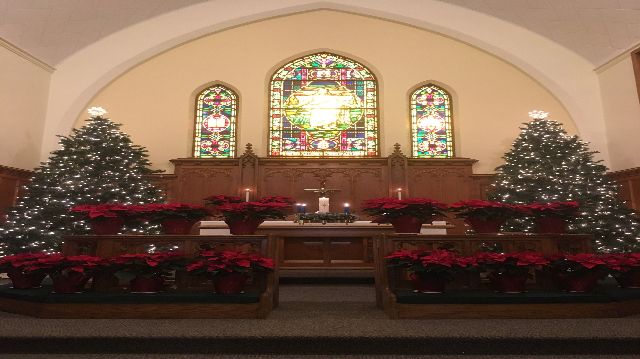 Image of sanctuary with Christmas trees